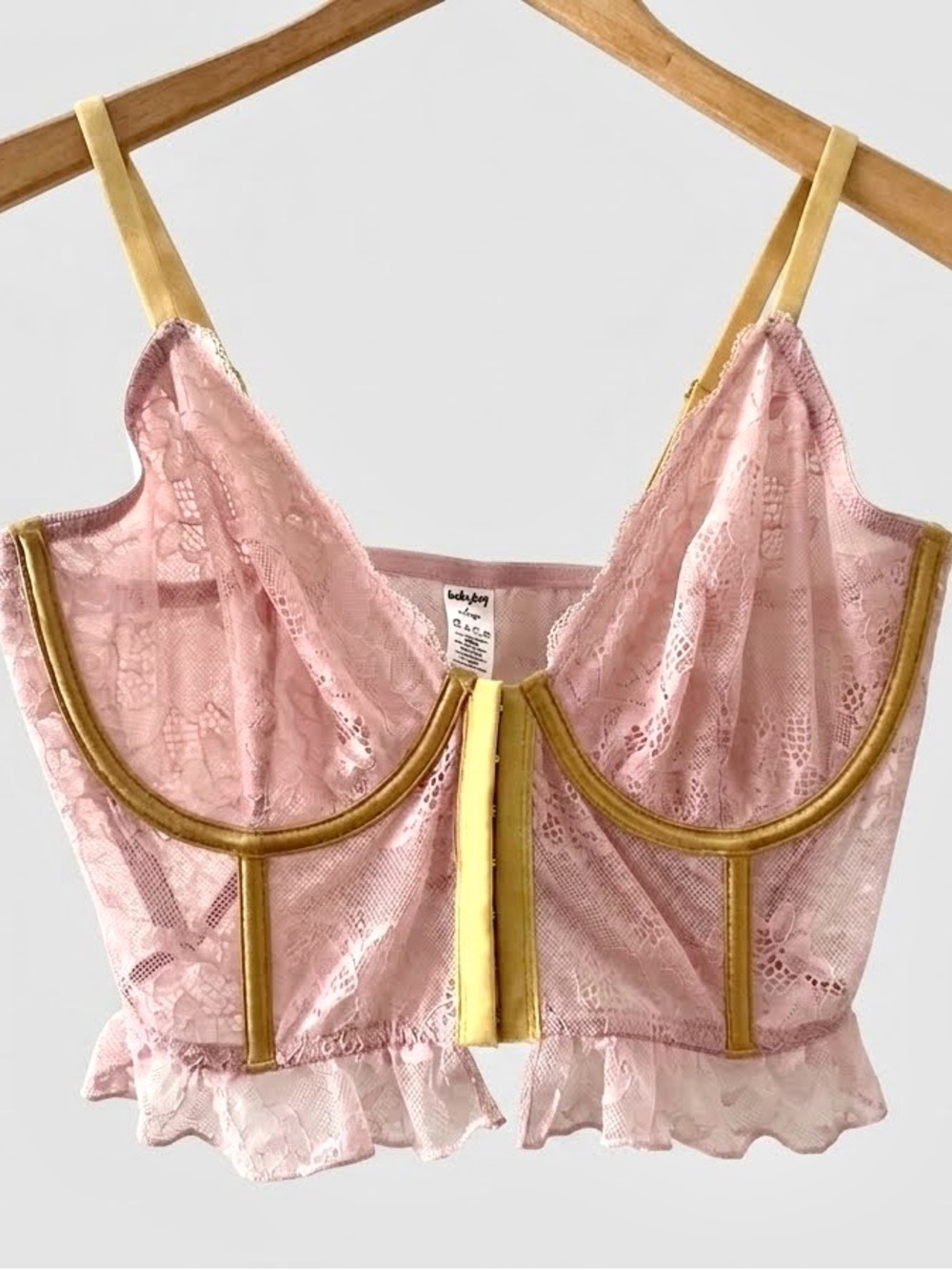 BootayBag Pink Gold Lace Corset Bralette Top Front Hook Eye Ruffle Feminine XL